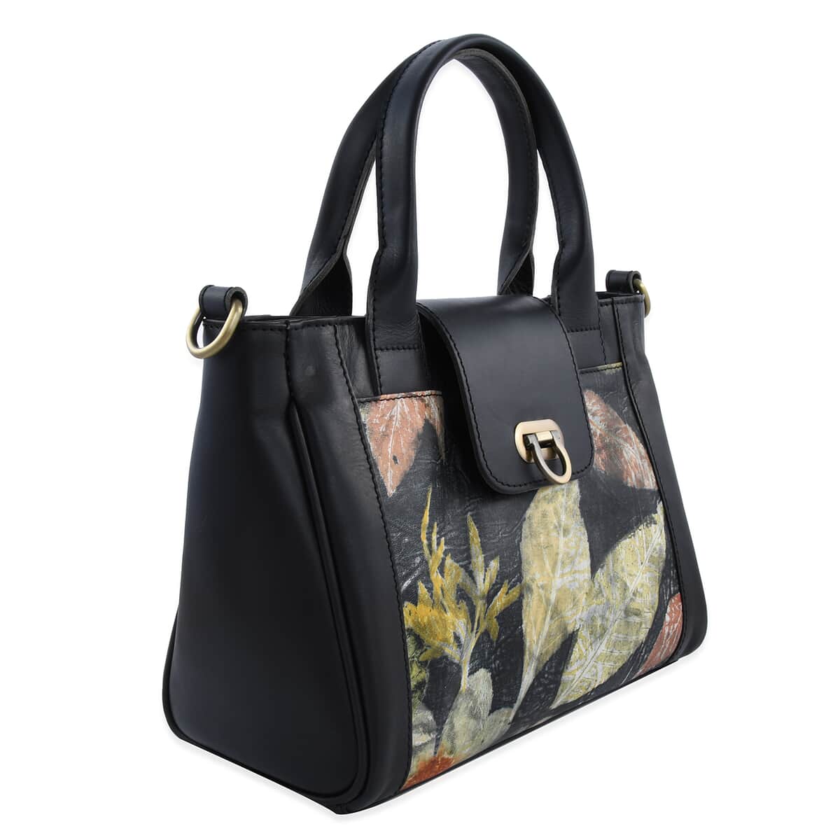 Bali Pristine Collection, Handmade Black Flower and Leaf Eco Print Genuine Cow Leather Briona Bag with Detachable and Adjustable Shoulder Strap image number 2