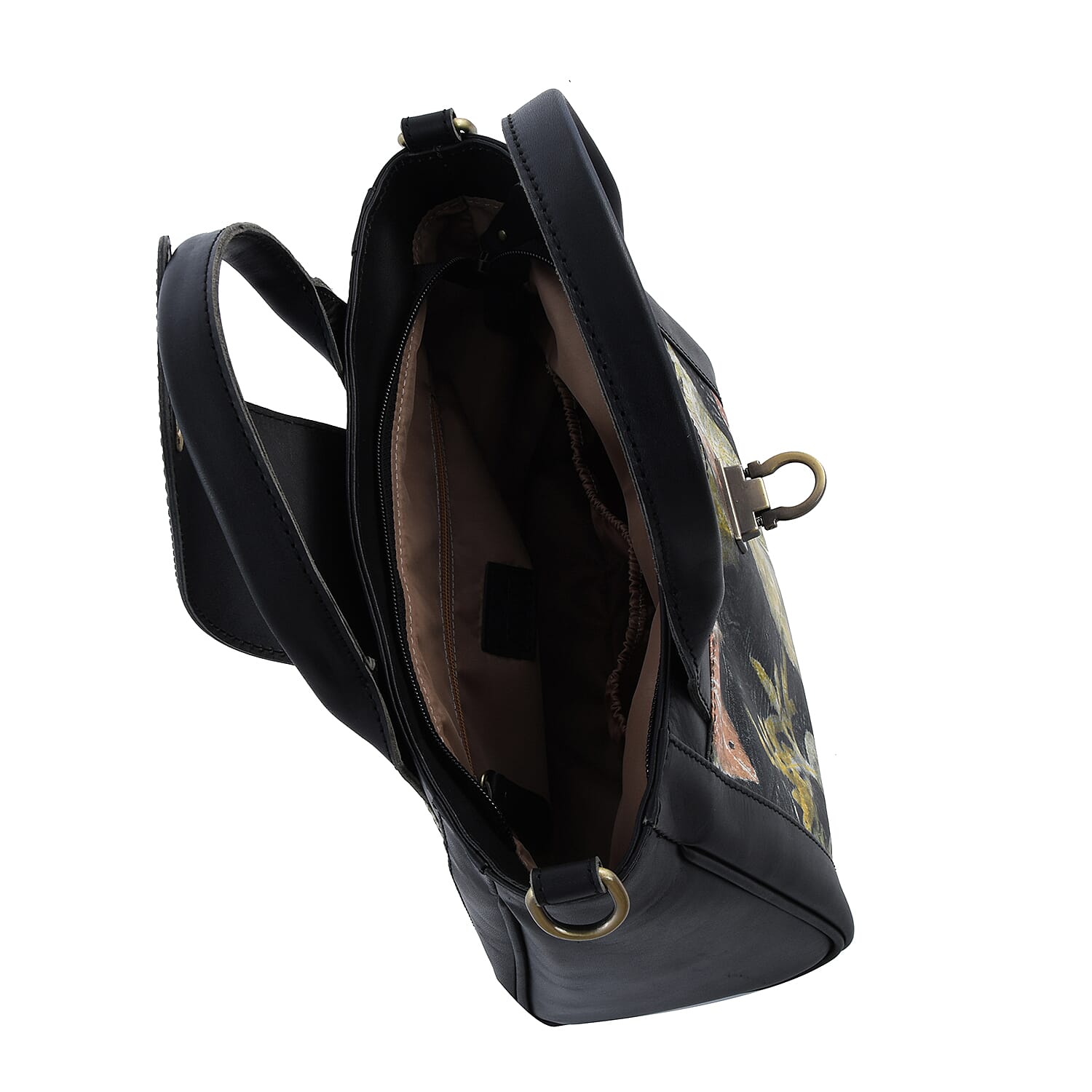 Bali Pristine Collection, Handmade Black Flower and Leaf Eco Print Genuine Cow Leather Briona Bag with Detachable and Adjustable Shoulder Strap