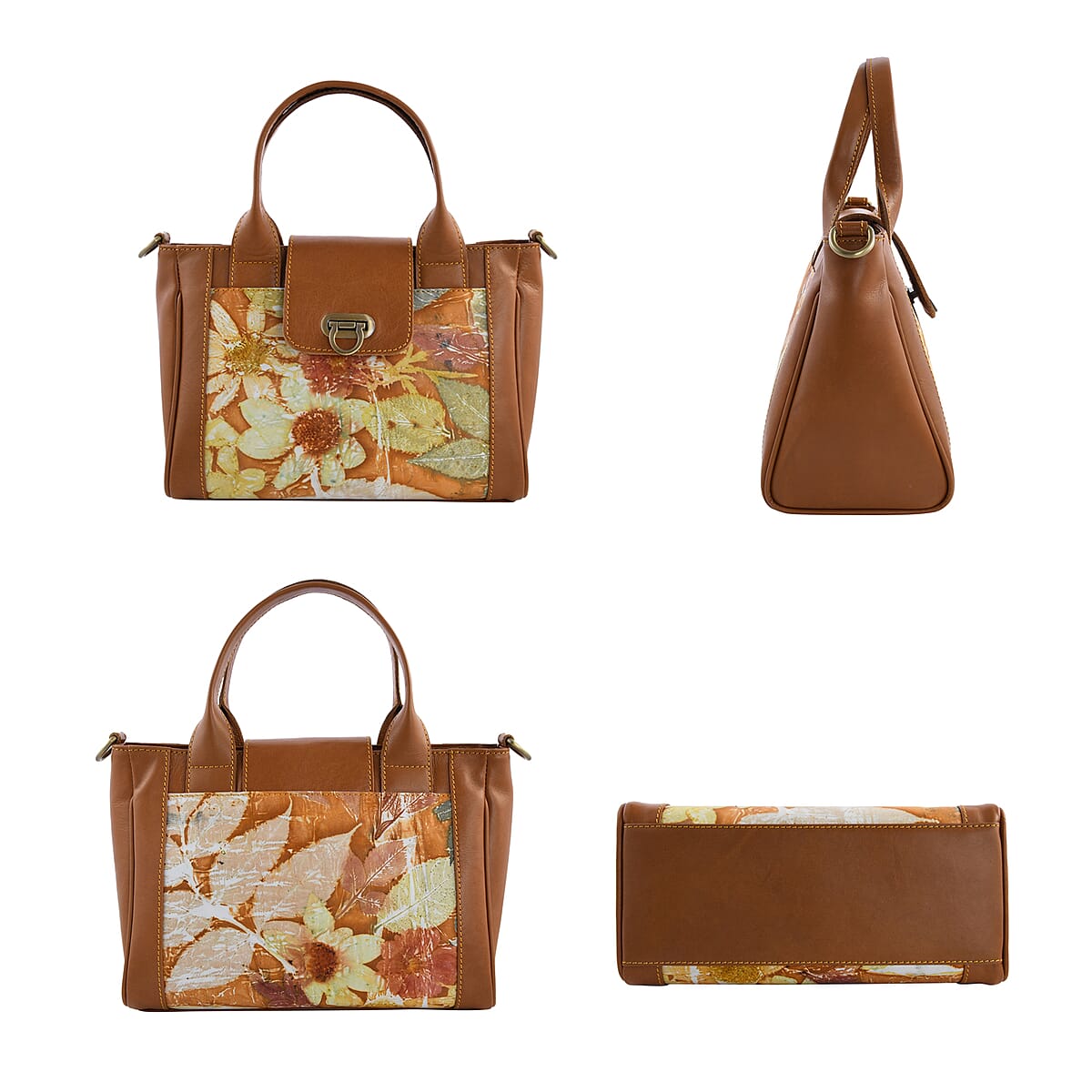 Bali Pristine Collection, Handmade Brown Flower and Leaf Eco Print Genuine Cow Leather Briona Bag with Detachable and Adjustable Shoulder Strap image number 1