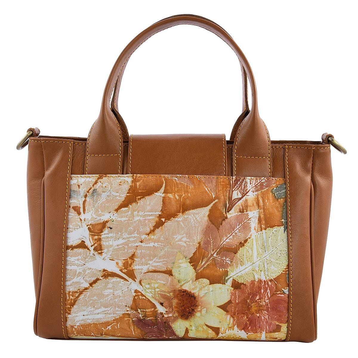 Bali Pristine Collection, Handmade Brown Flower and Leaf Eco Print Genuine Cow Leather Briona Bag with Detachable and Adjustable Shoulder Strap image number 3