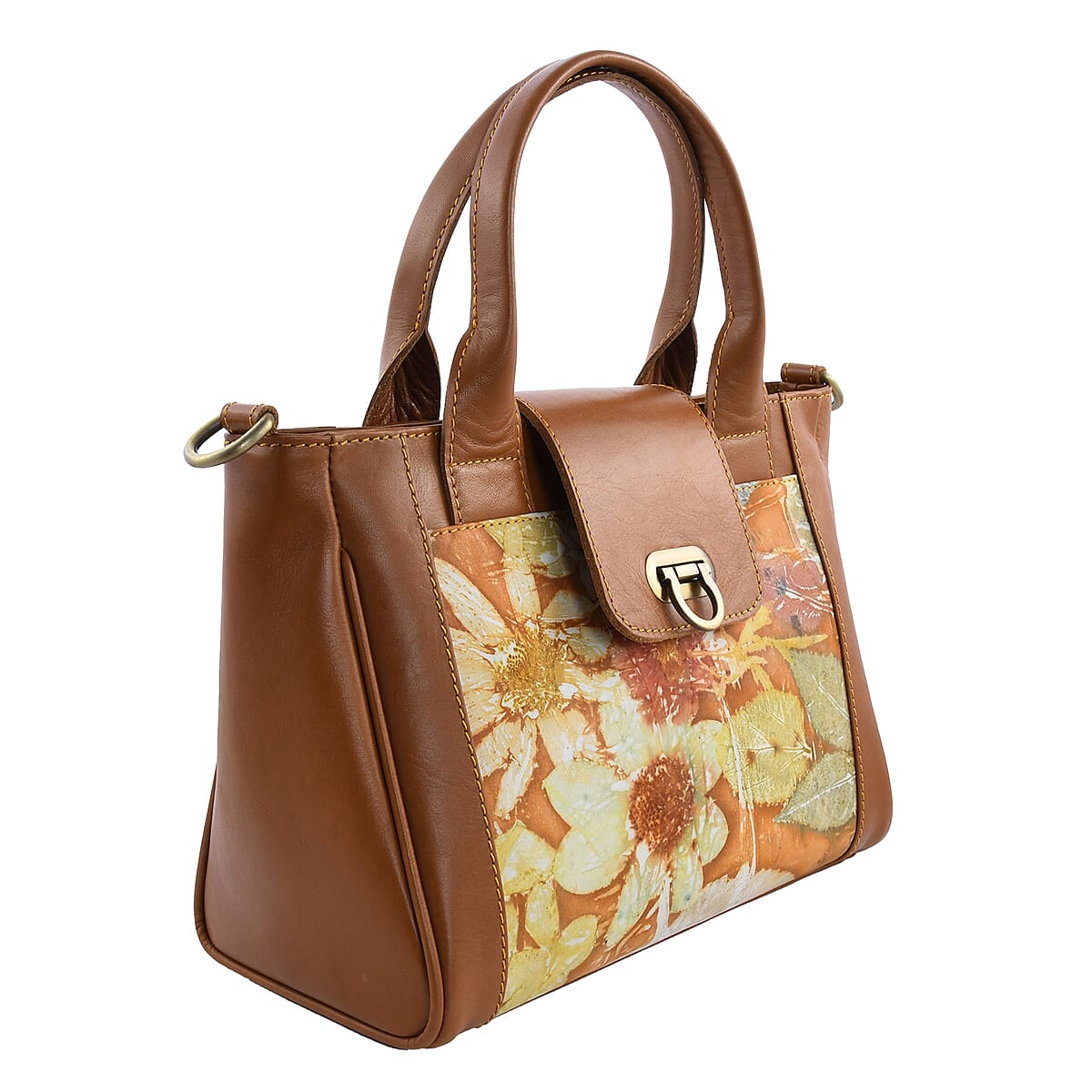 Bali Pristine Collection, Handmade Brown Flower and Leaf Eco Print Genuine Cow Leather Briona Bag with Detachable and Adjustable Shoulder Strap image number 5