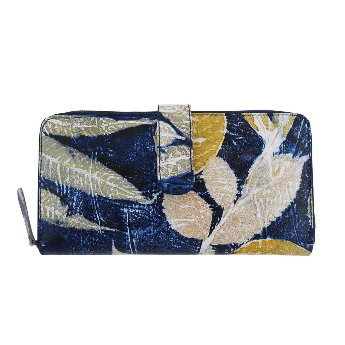 Bali Pristine Collection, Handmade Blue Leaf Eco Print Genuine Cow Leather Wallet with Magnetic Clasp & Zipper Closure (8.66"x0.98"x4.72") image number 0