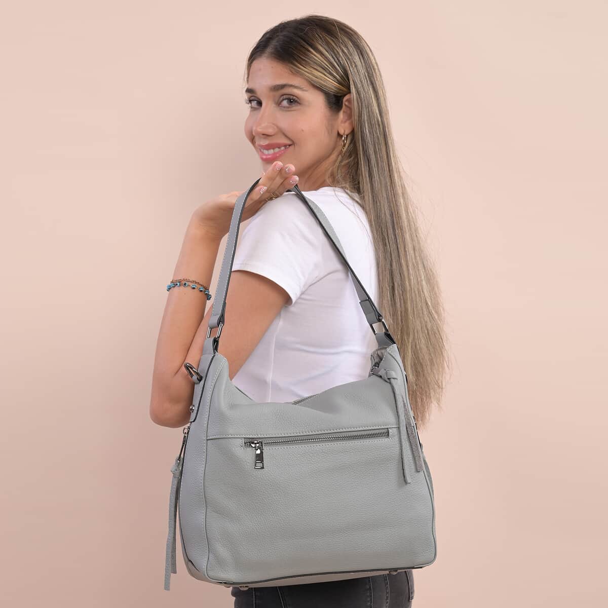 Gray Genuine Leather Hobo Bag with Swivel Lever Snap for Holding The Keys image number 2