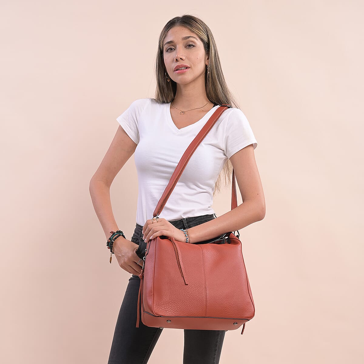 Brick-Red Genuine Leather Hobo Bag with Swivel Lever Snap for Holding The Keys image number 1