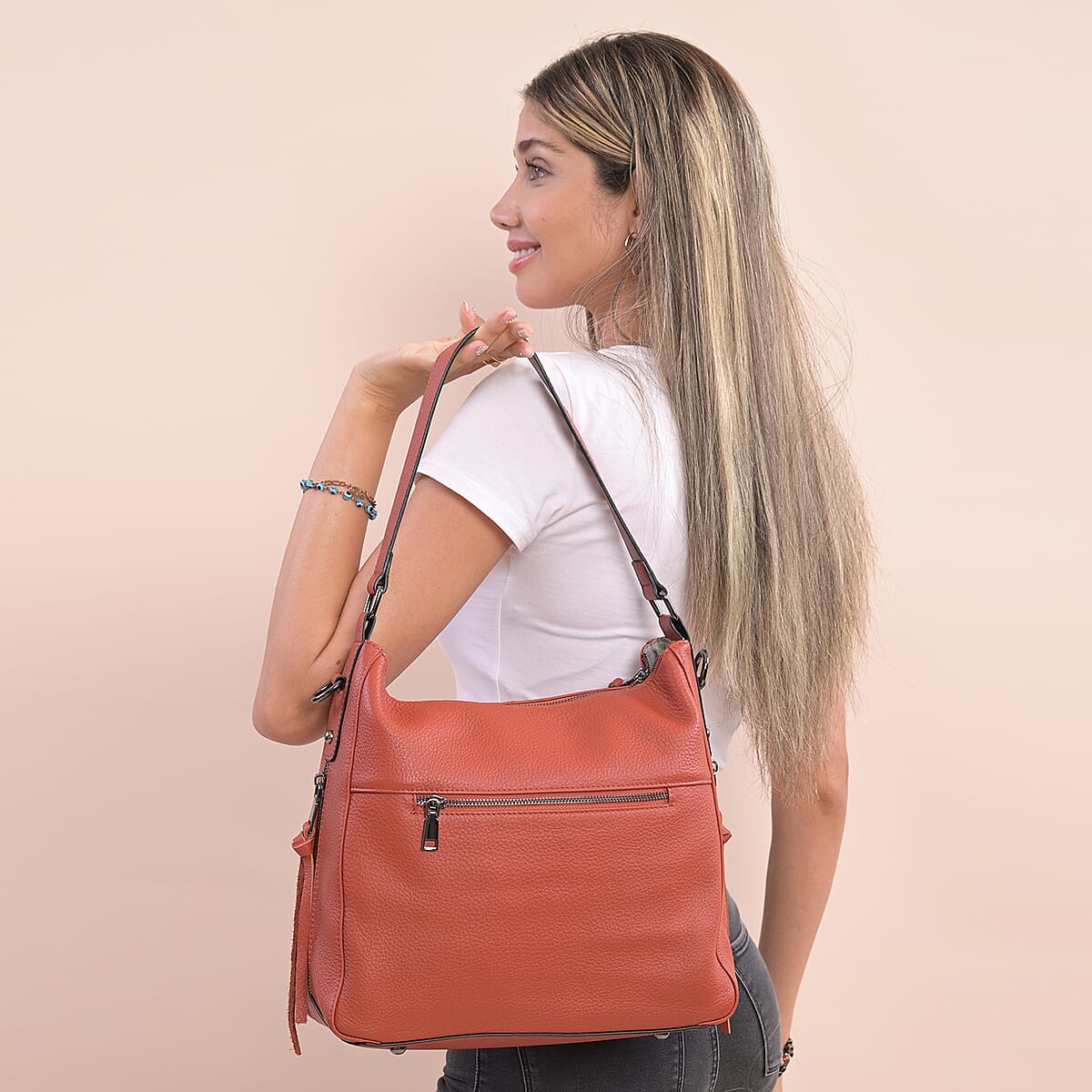Brick-Red Genuine Leather Hobo Bag with Swivel Lever Snap for Holding The Keys image number 2