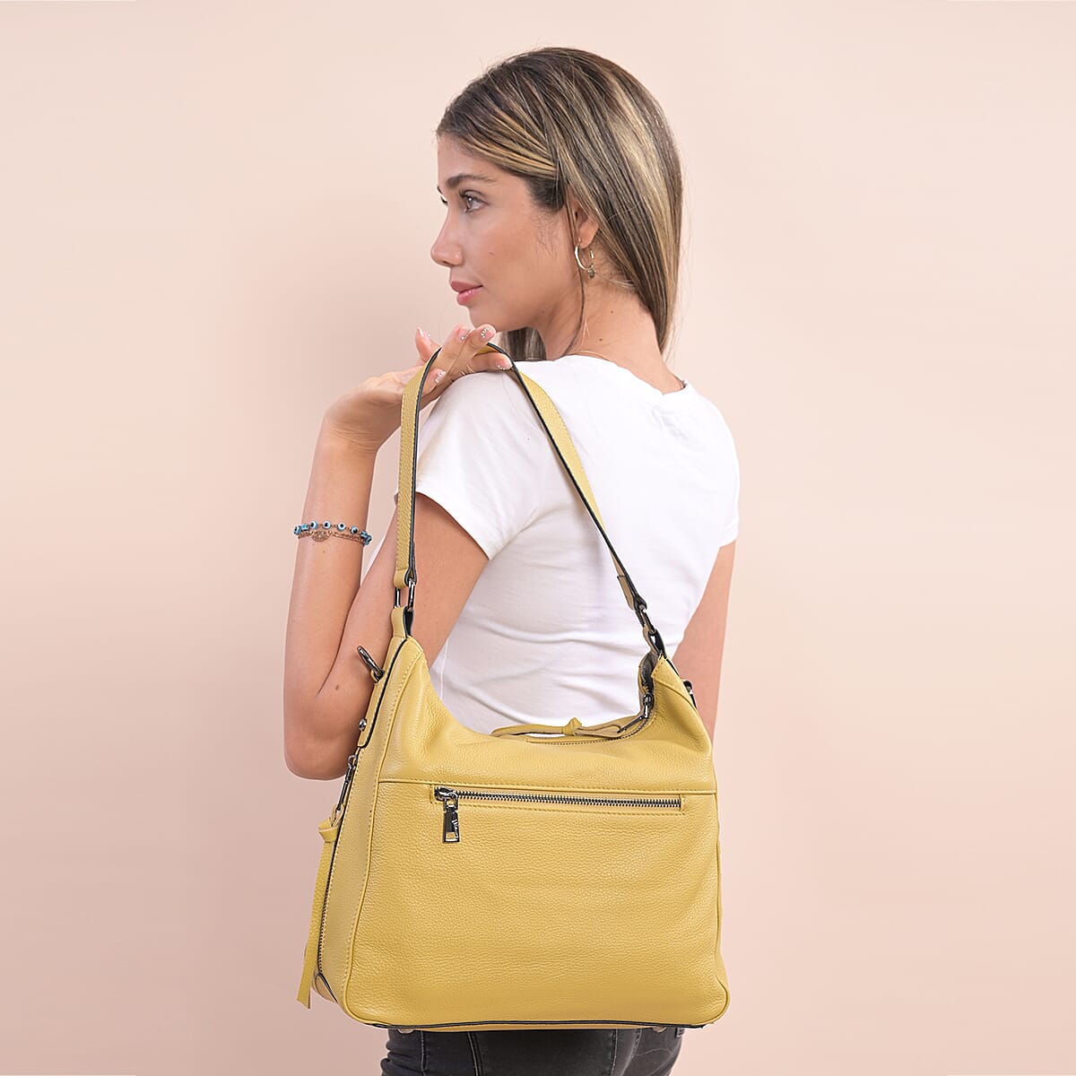 Yellow Genuine Leather Hobo Bag with Swivel Lever Snap for Holding The Keys image number 2
