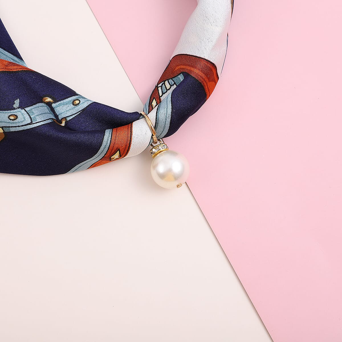 White Shell Pearl, White Austrian Crystal Printed Scarf with Drop Necklace (18 Inches) in Dualtone image number 1