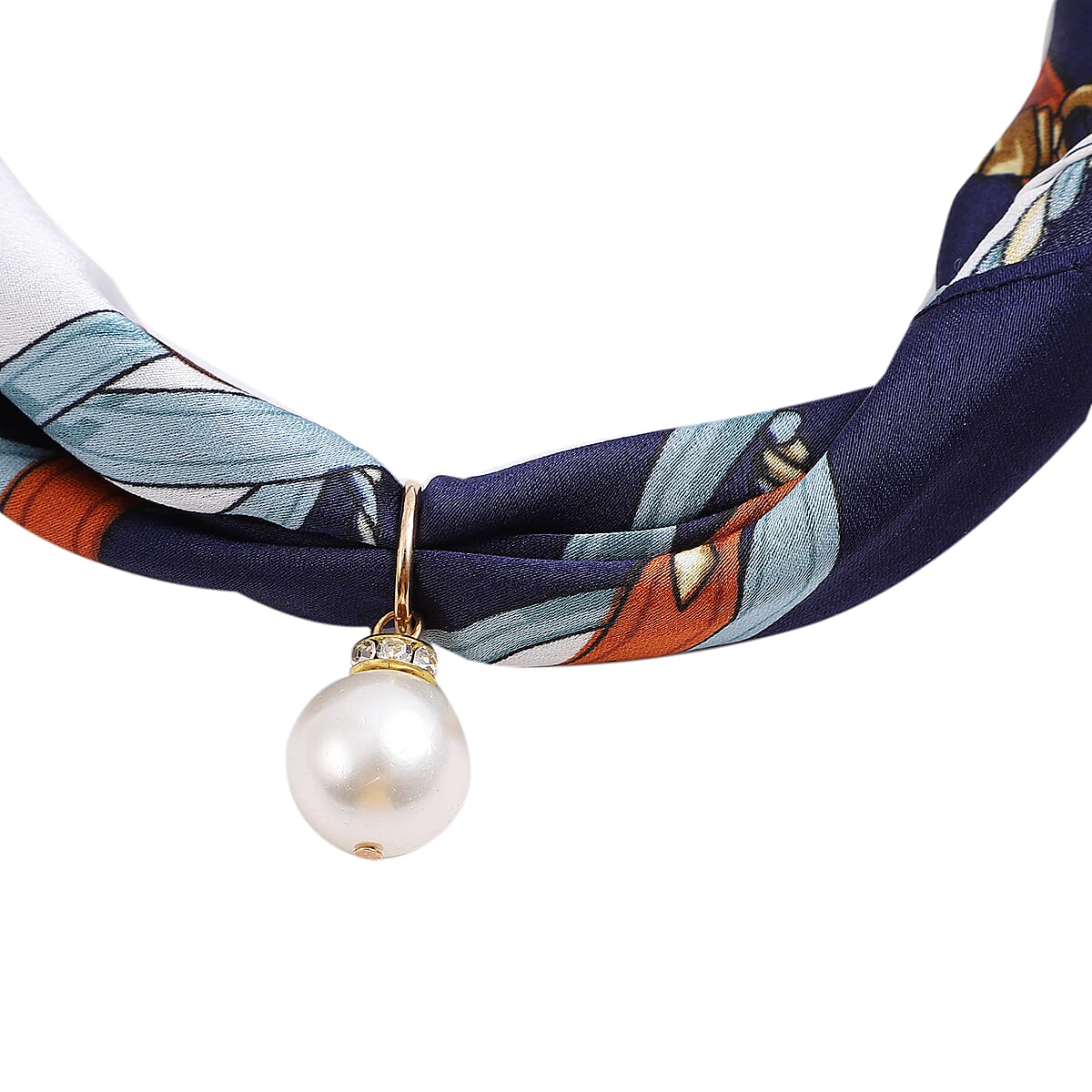 White Shell Pearl, White Austrian Crystal Printed Scarf with Drop Necklace (18 Inches) in Dualtone image number 2