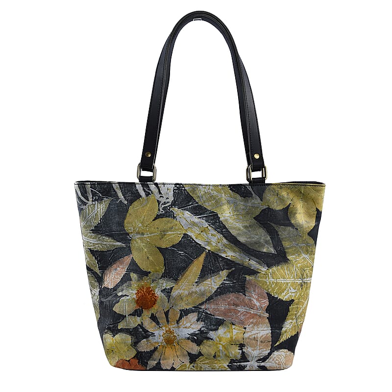 Bali Pristine Collection, Handmade Black Leaf and Flower Eco Print Genuine Cow Leather Milea Bag