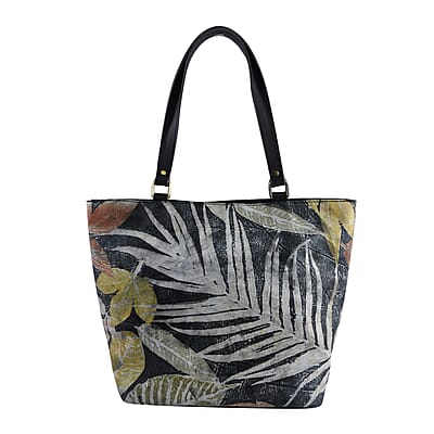 Bali Pristine Collection, Handmade Black Leaf and Flower Eco Print Genuine Cow Leather Milea Bag