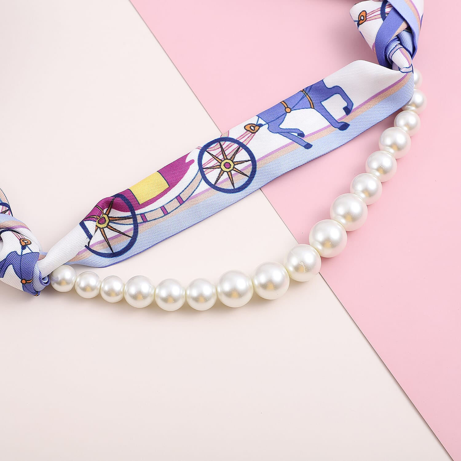 Simulated Pearl Multi Wear Printed Scarf Necklace with Pearl Danglers in Silvertone (24 Inches)