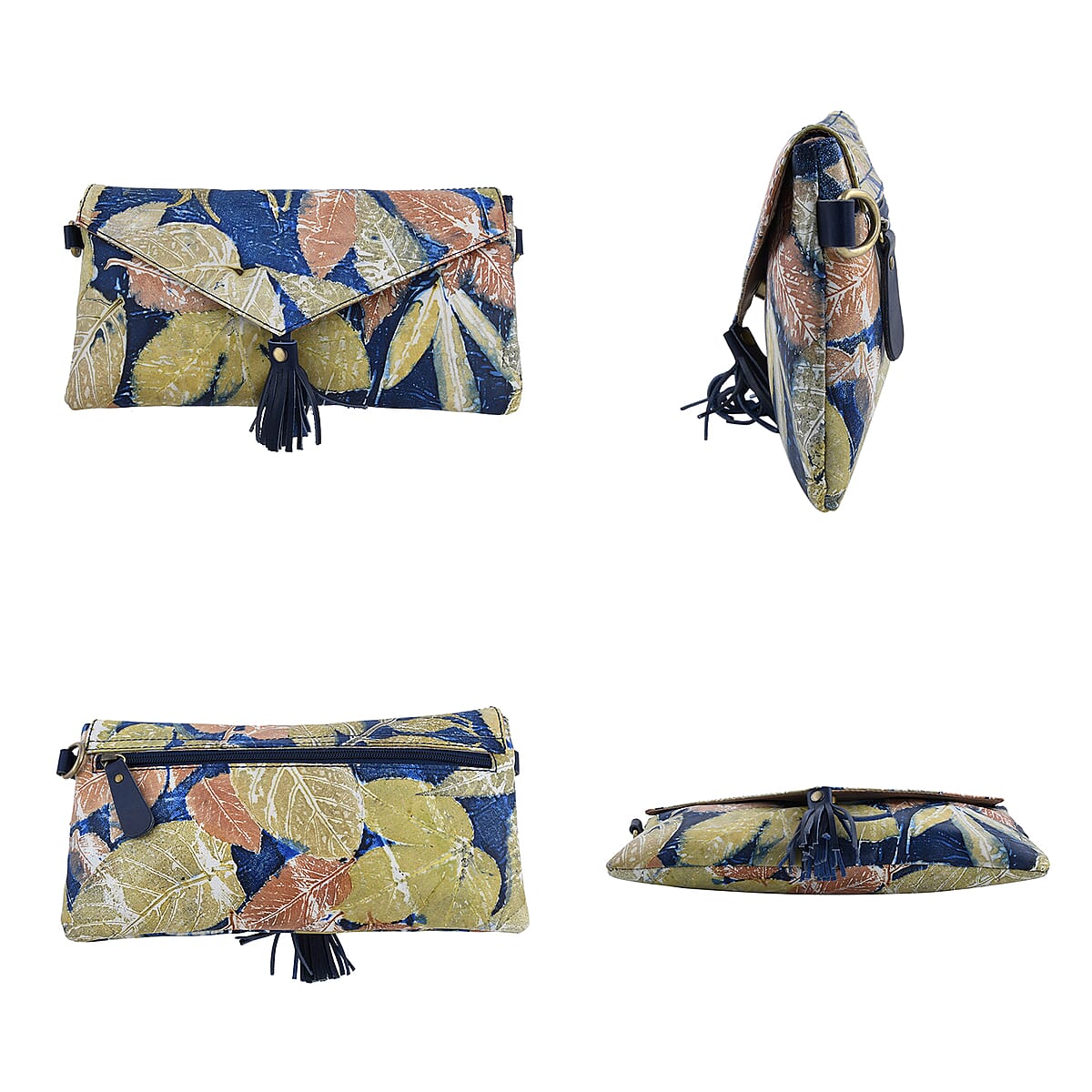 Handmade Black Eco Floral Print Cow Leather Crossbody Bag (11.02"x0.79"x5.91") with Shoulder Chain image number 1