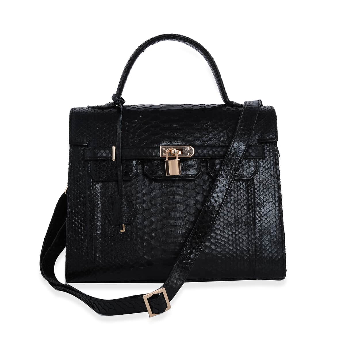 The Grand Pelle Handcrafted 100% Genuine Python Leather Black Color Tote Bag (12.20"x10.10"x6") image number 0