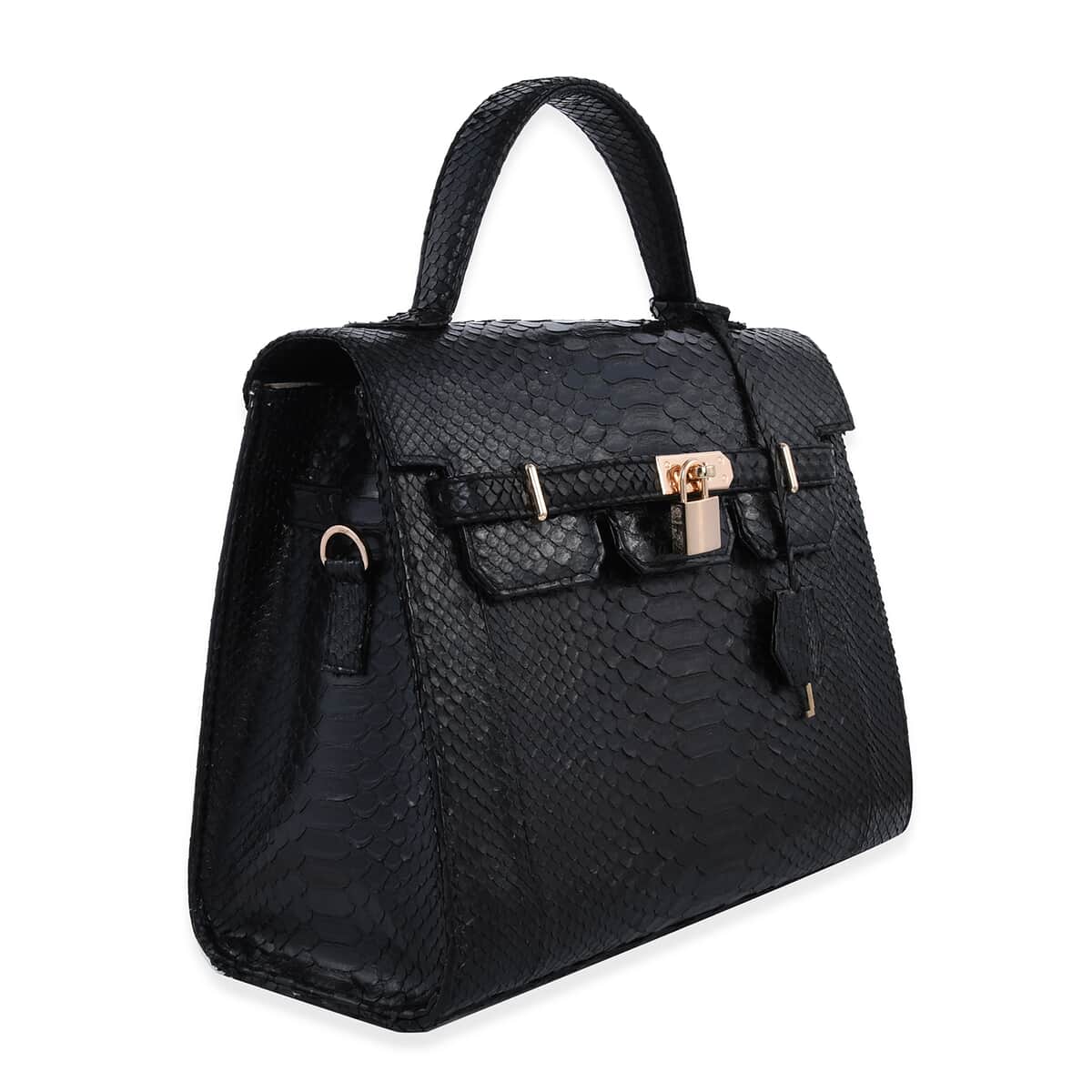 The Grand Pelle Handcrafted 100% Genuine Python Leather Black Color Tote Bag (12.20"x10.10"x6") image number 6