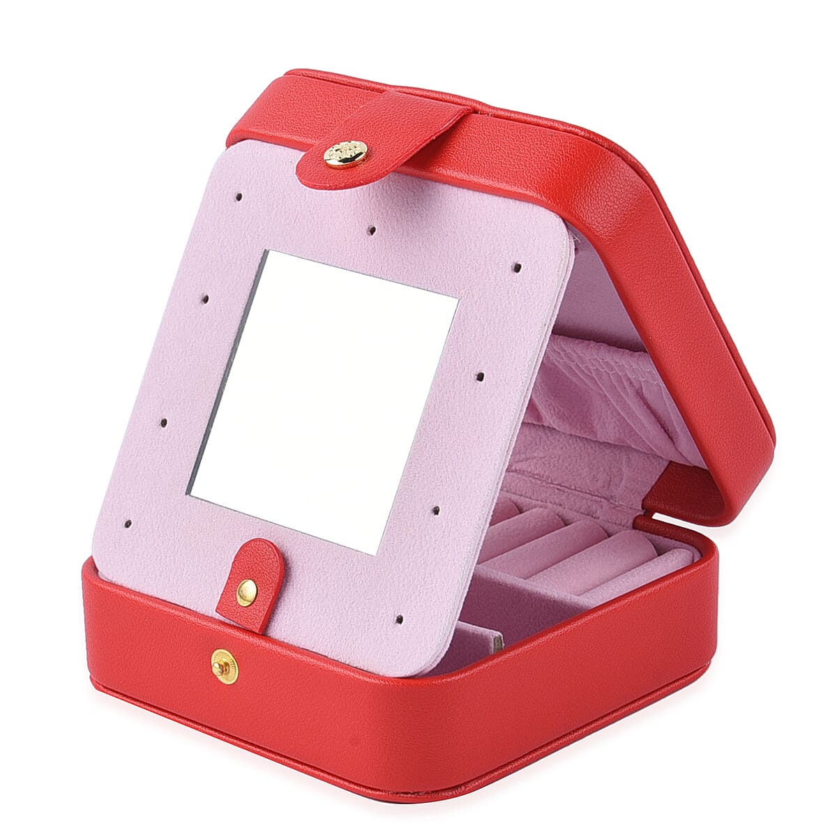 Red Faux Leather Small Jewelry Box with Velvet Anti Scratch Interior & Button Closure image number 4