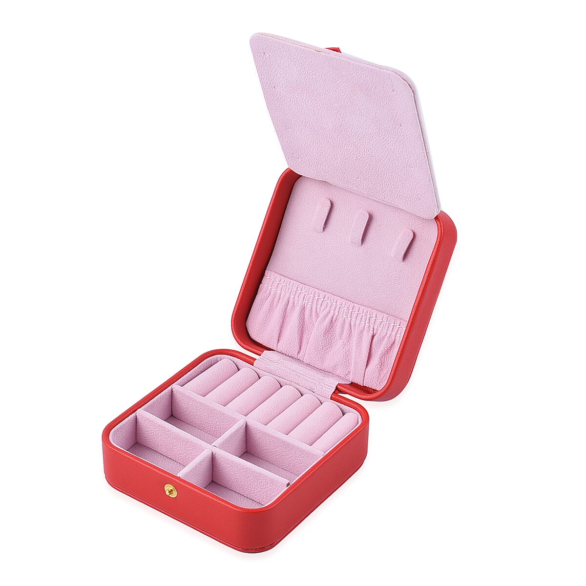 Red Faux Leather Small Jewelry Box with Velvet Anti Scratch Interior & Button Closure image number 5