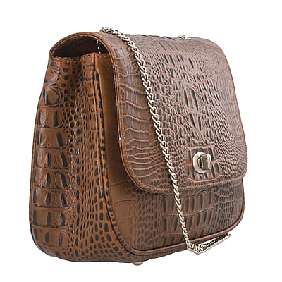 Brown Genuine Leather Croco Embossed Sling Bag with Metal Chain