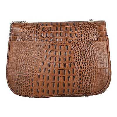 Brown Genuine Leather Croco Embossed Sling Bag with Metal Chain