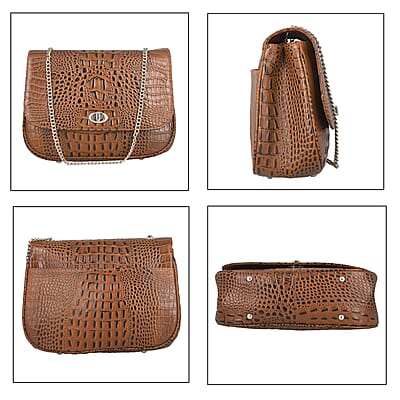Brown Genuine Leather Croco Embossed Sling Bag with Metal Chain