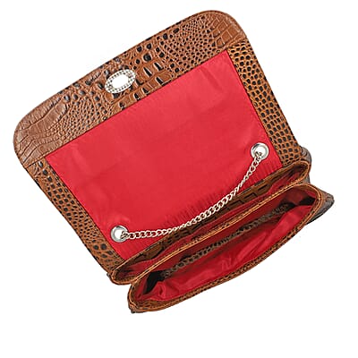 Brown Genuine Leather Croco Embossed Sling Bag with Metal Chain