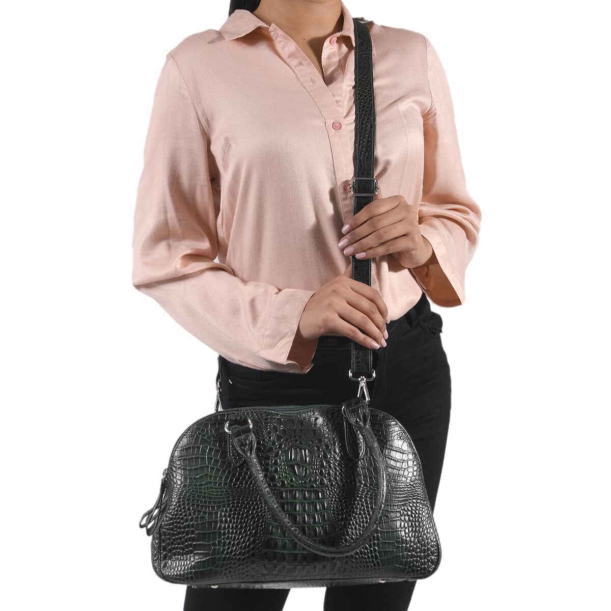 Black Genuine Leather Croco Embossed Shoulder Bag (11.6"x3.6"x8.5") image number 1