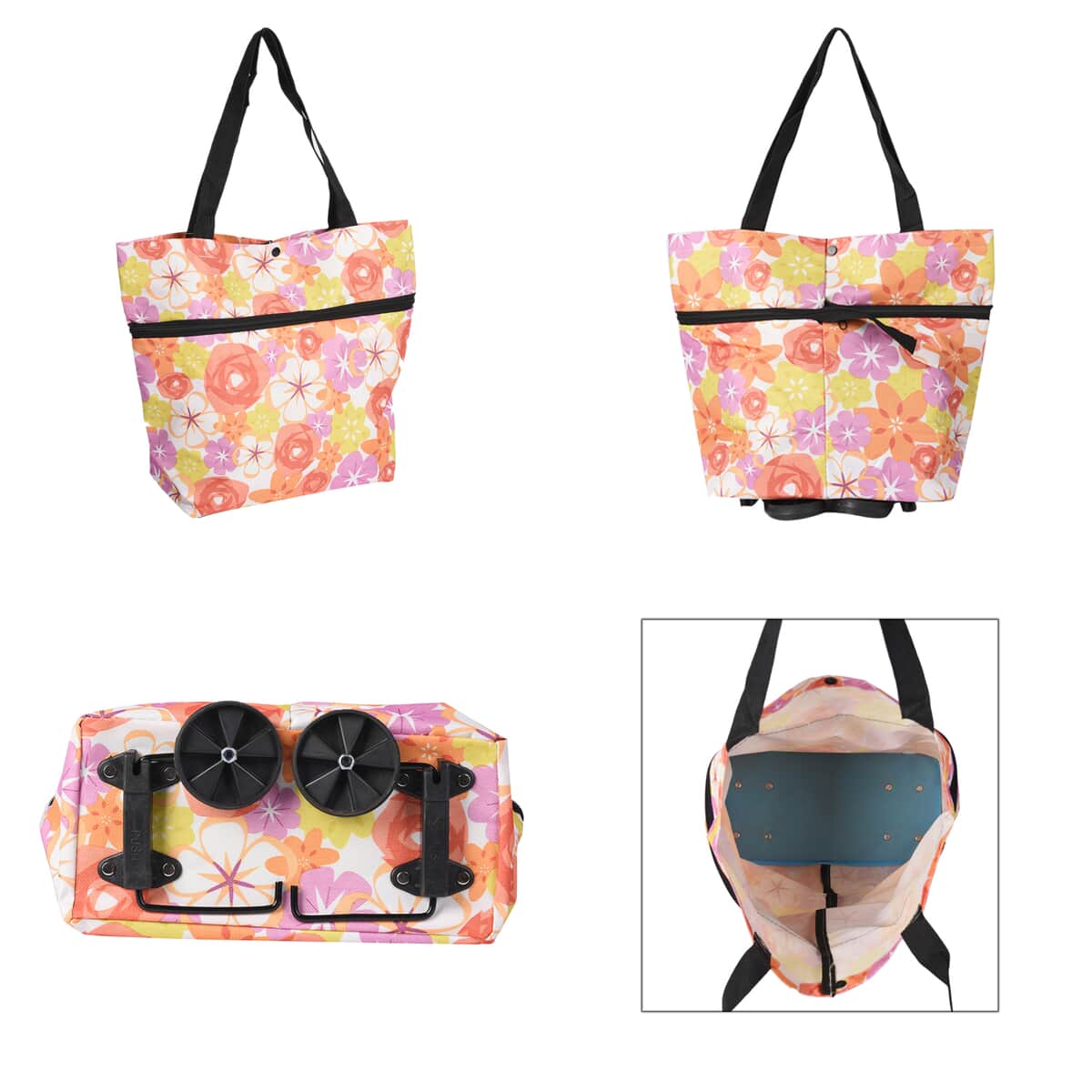Multi Color Floral Pattern Foldable Shopping Bag with Rollers image number 1