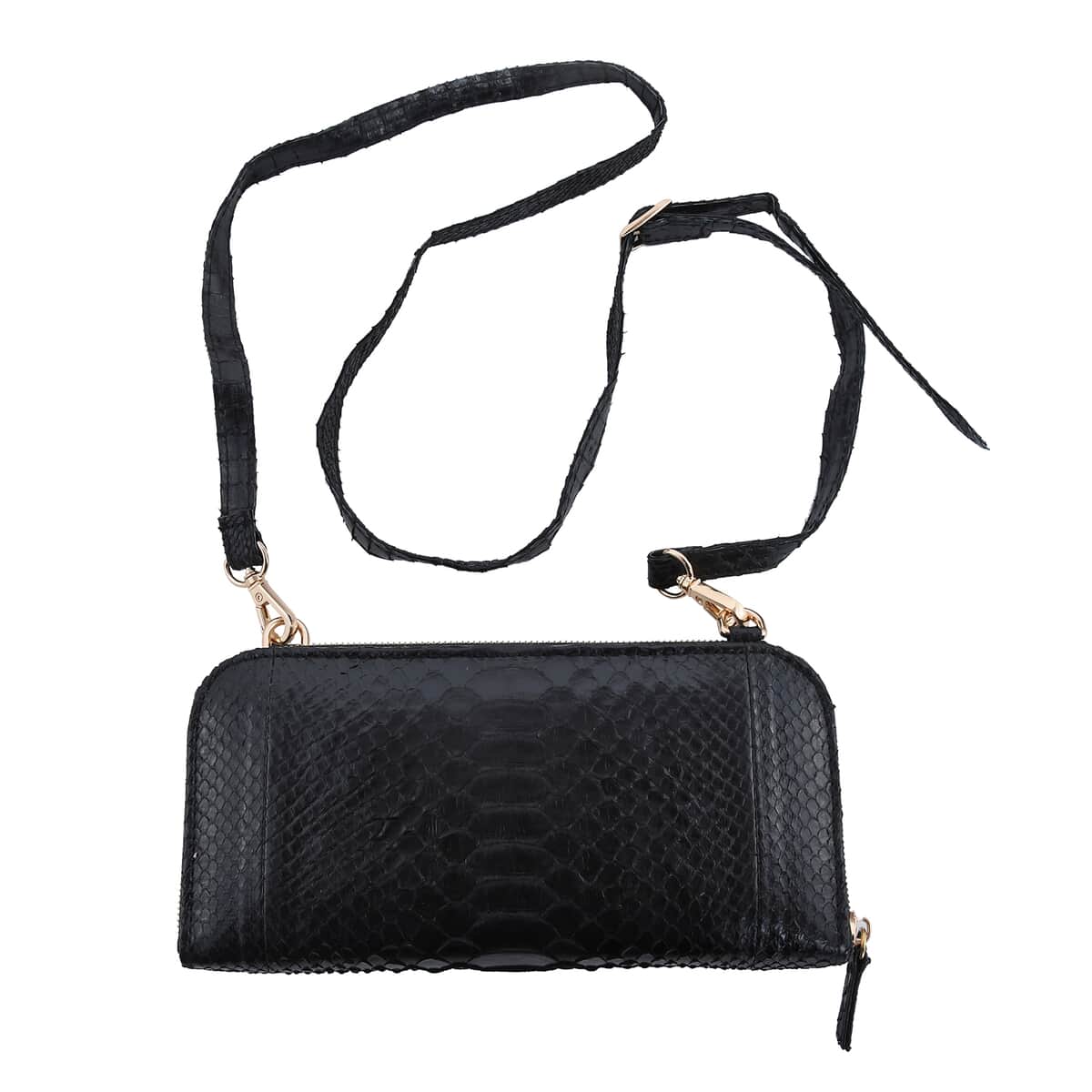 The Grand Pelle Handcrafted 100% Genuine Python Leather Black Color Crossbody Wallet (7.87"x3.94"x1.5") image number 0
