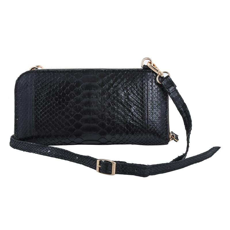 The Grand Pelle Handcrafted 100% Genuine Python Leather Black Color Crossbody Wallet