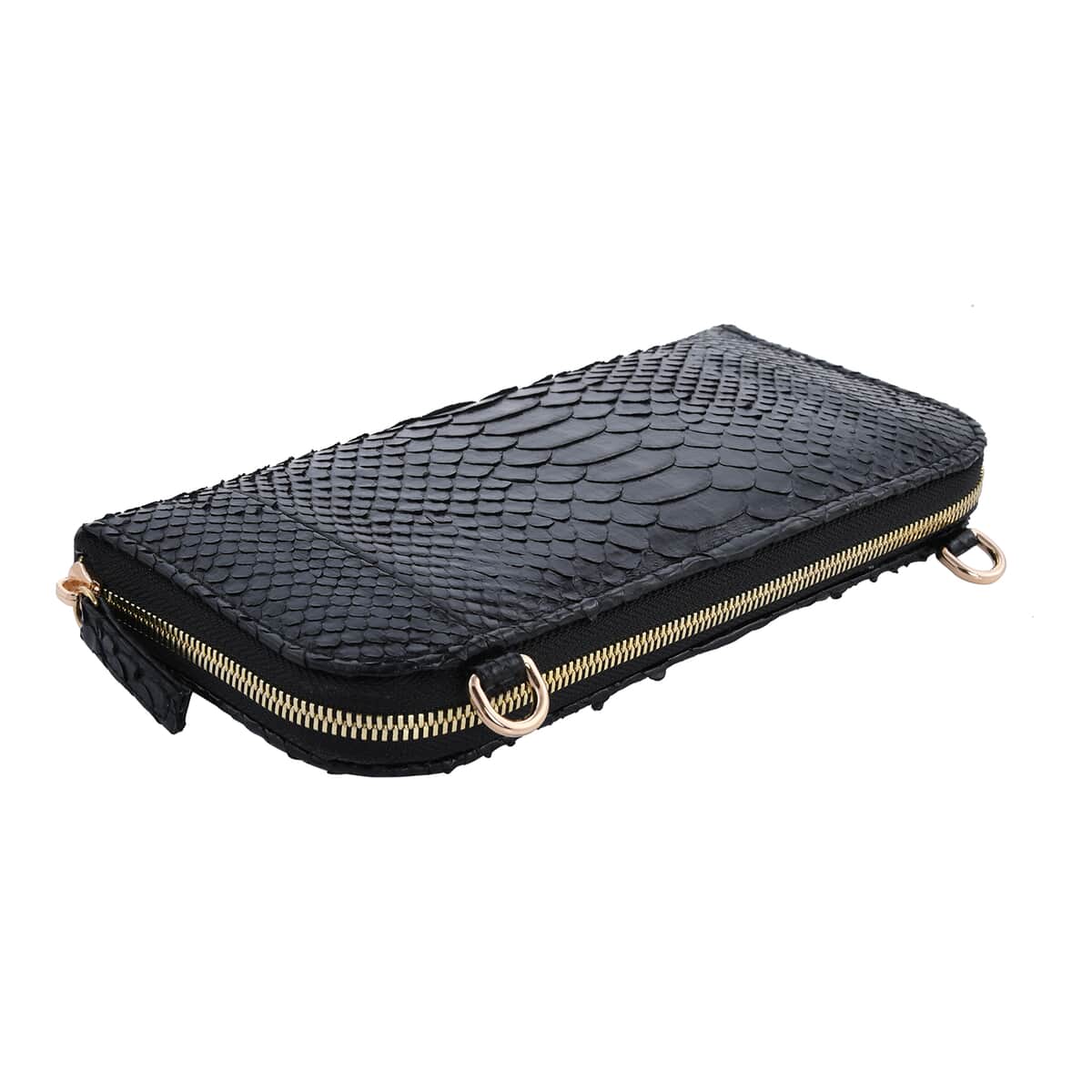 The Grand Pelle Handcrafted 100% Genuine Python Leather Black Color Crossbody Wallet (7.87"x3.94"x1.5") image number 4