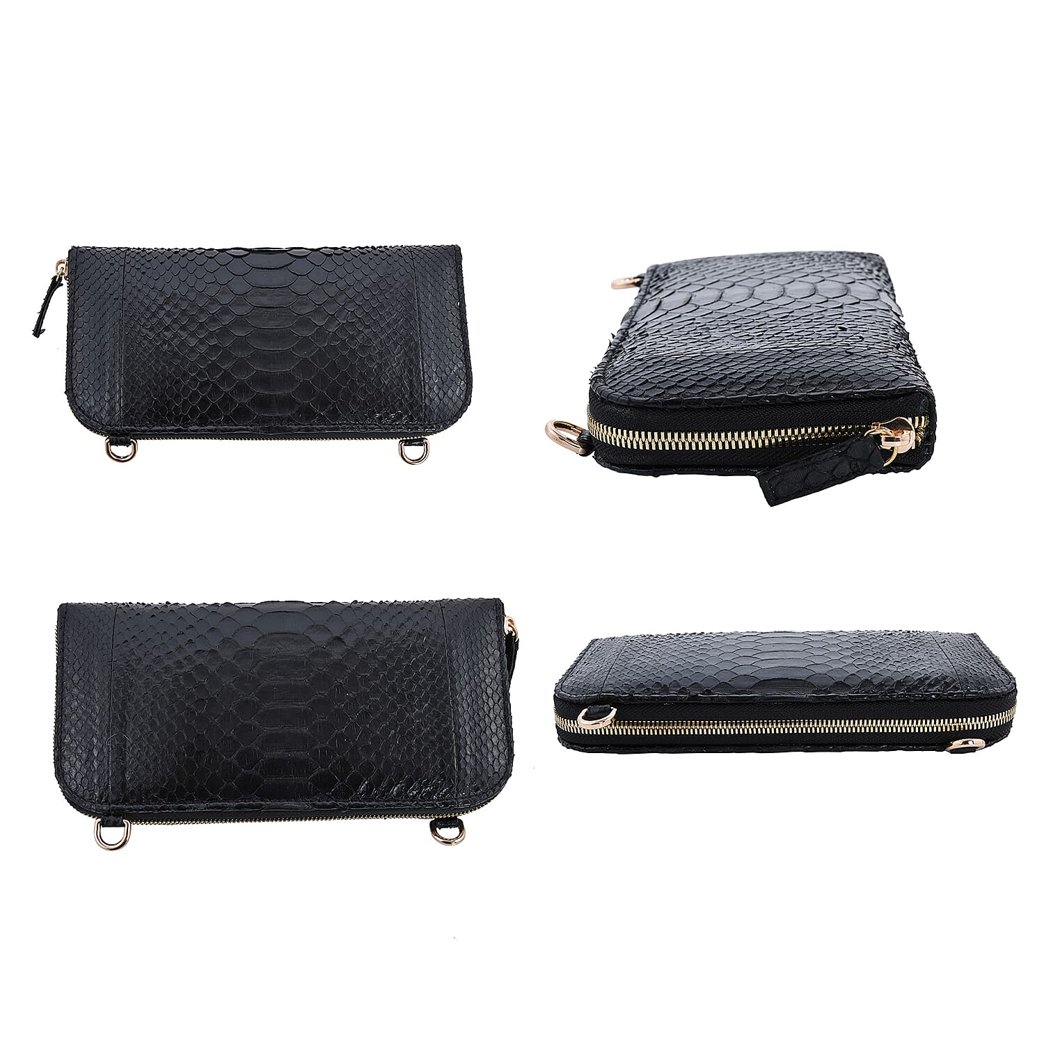 The Grand Pelle Handcrafted 100% Genuine Python Leather Black Color Crossbody Wallet