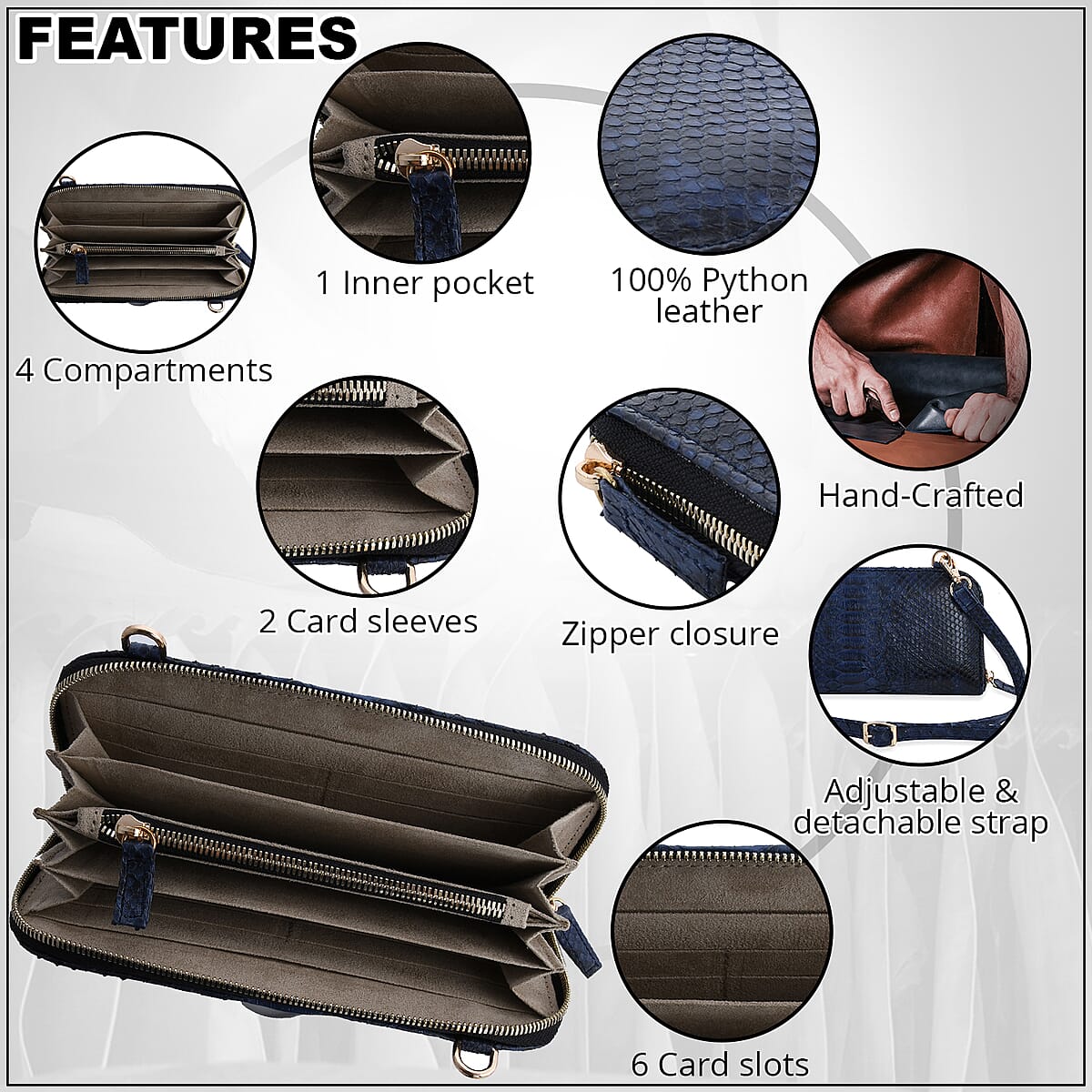 The Grand Pelle Handcrafted 100% Genuine Python Leather Navy Blue Color Crossbody Wallet image number 1