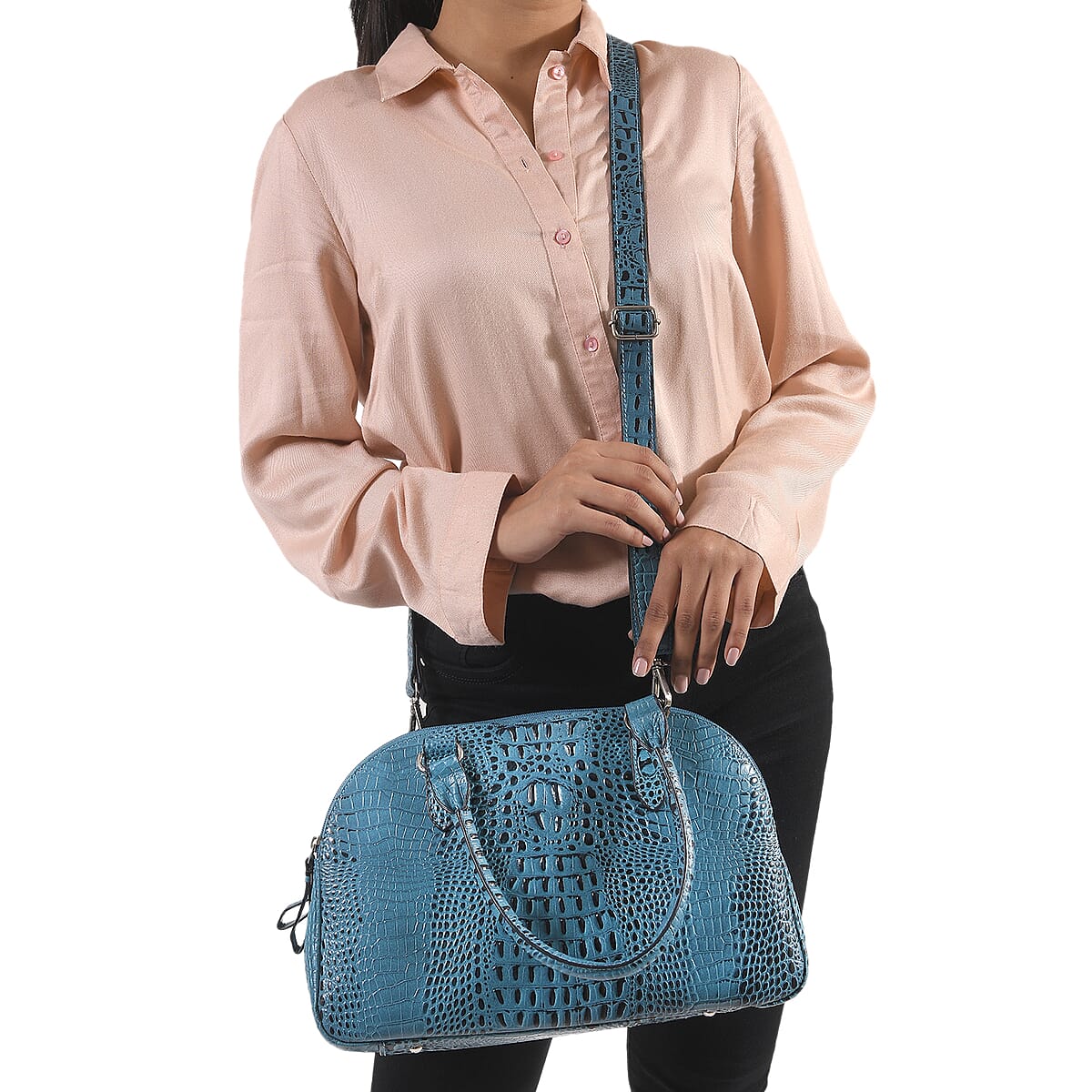 Jessica Host Pick Blue Genuine Leather Croco Embossed Shoulder Bag image number 1