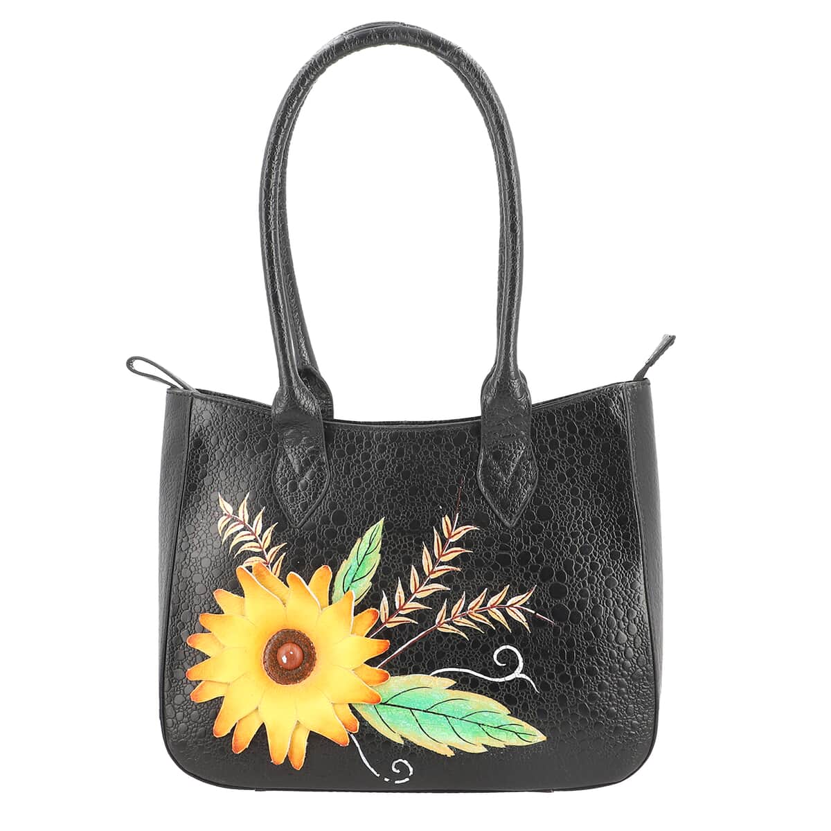 SUKRITI Black Floral Theme Genuine Leather Applique Shoulder Bag image number 0