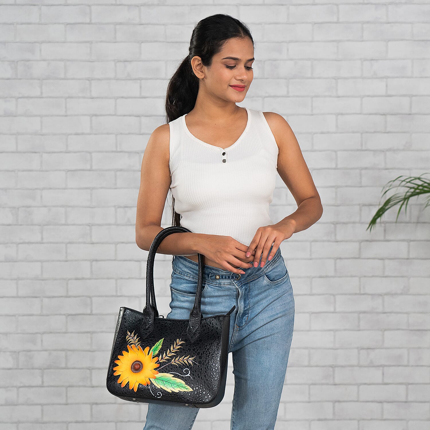 SUKRITI Black Floral Theme Genuine Leather Applique Shoulder Bag