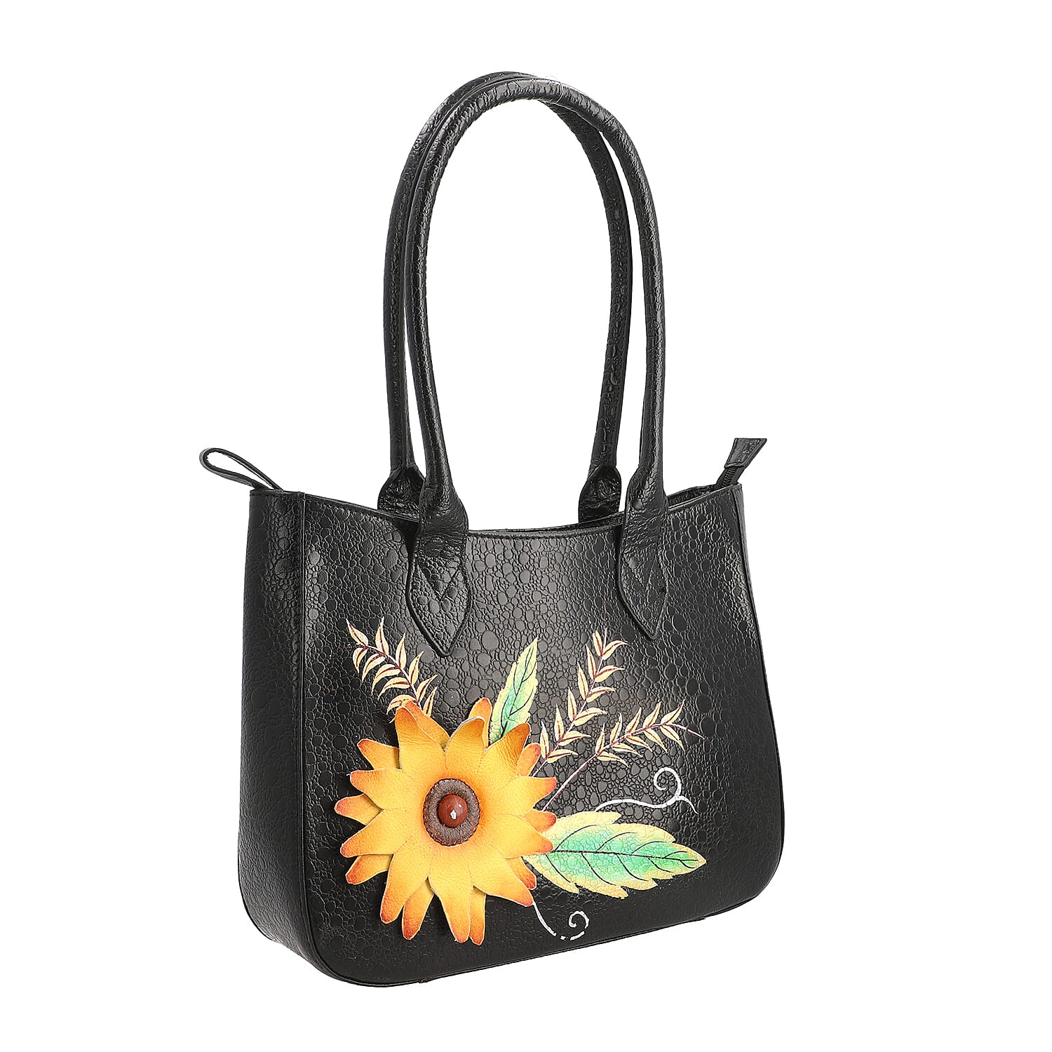 SUKRITI Black Floral Theme Genuine Leather Applique Shoulder Bag