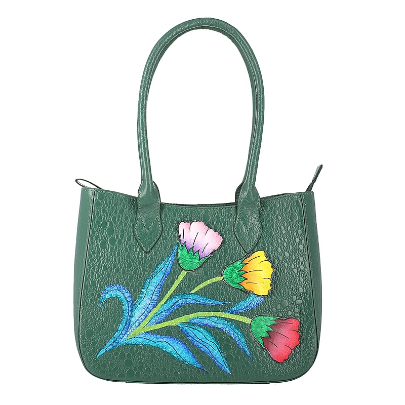 Sukriti Dark Green Floral Theme Genuine Leather Applique Shoulder Bag