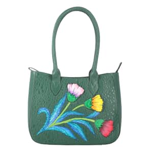 Sukriti Dark Green Floral Theme Genuine Leather Applique Shoulder Bag
