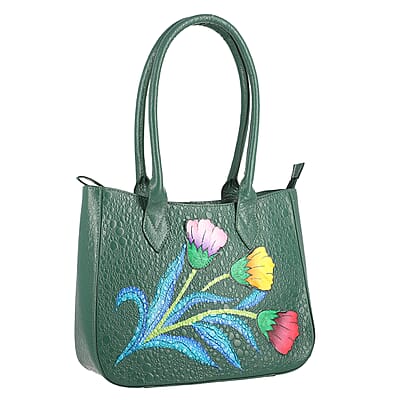 Sukriti Dark Green Floral Theme Genuine Leather Applique Shoulder Bag
