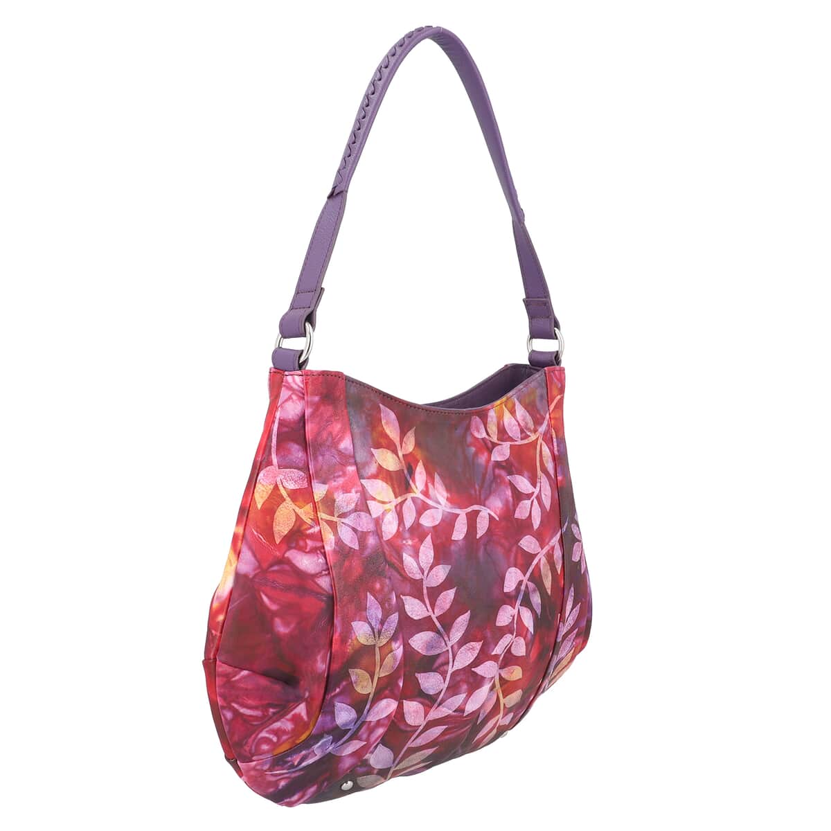 SUKRITI Purple Tie Dye Hand Painted Genuine Leather Hobo Bag with Strap image number 2