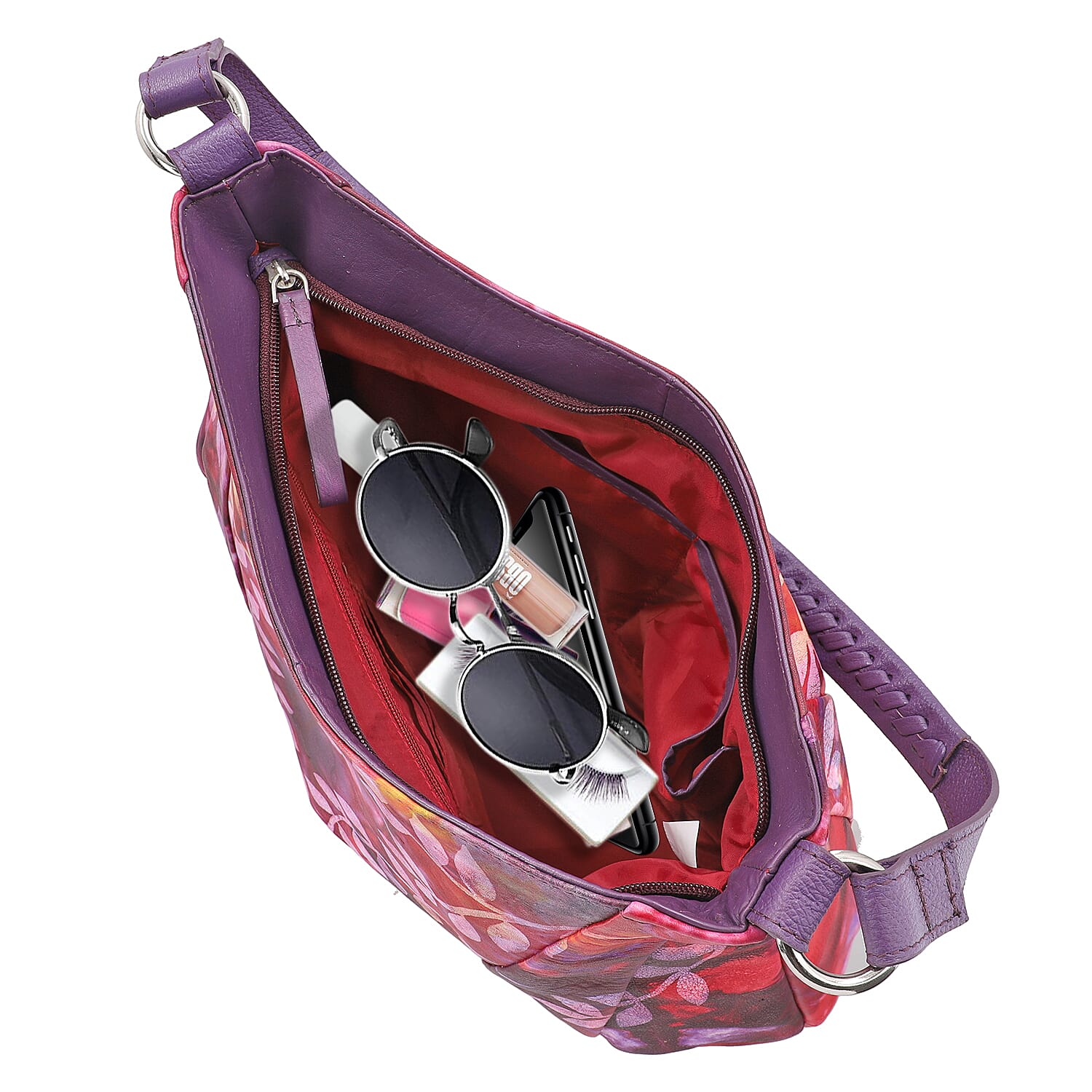 SUKRITI Purple Tie Dye Hand Painted Genuine Leather Hobo Bag with Strap