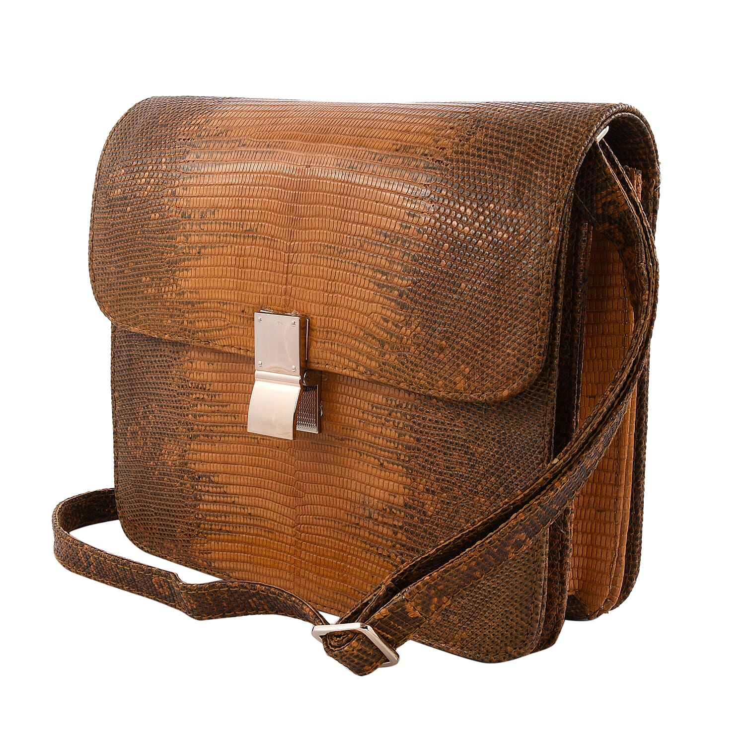 GRAND PELLE Lizard Collection Handmade 100% Genuine Lizard Leather Brown Color Crossbody Bag
