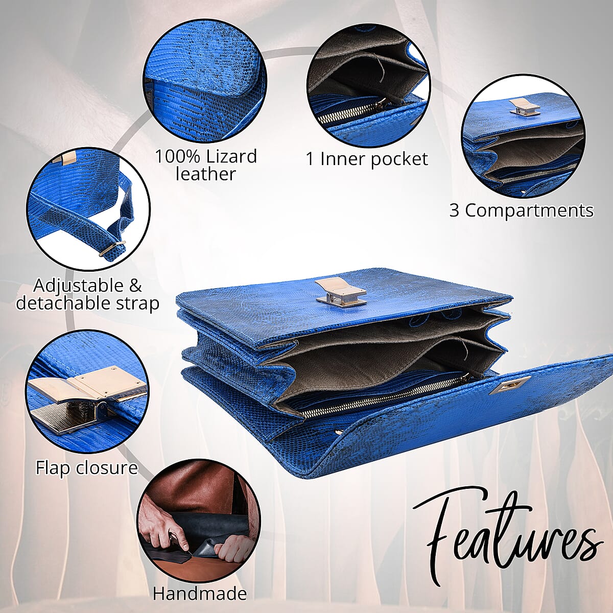 Grand Pelle Lizard Collection Handmade 100% Genuine Lizard Leather Dark Blue Color Crossbody Bag image number 1