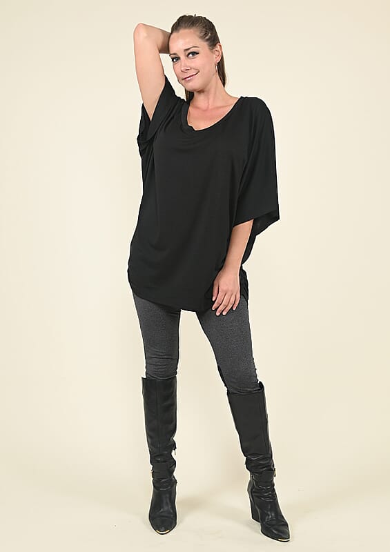 Tamsy Black V-Neck Knit Drape Top - (One Size Fits up to XL)