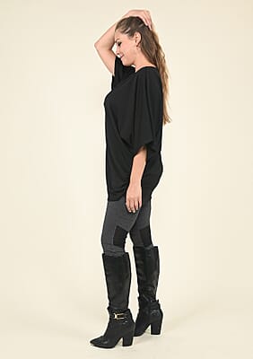 Tamsy Black V-Neck Knit Drape Top - (One Size Fits up to XL)