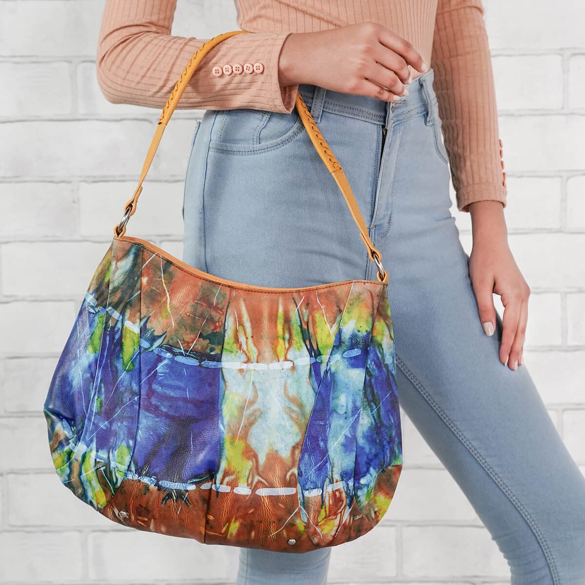 SUKRITI Multi Color Tie Dye Hand Painted Genuine Leather Hobo Bag with Strap image number 1