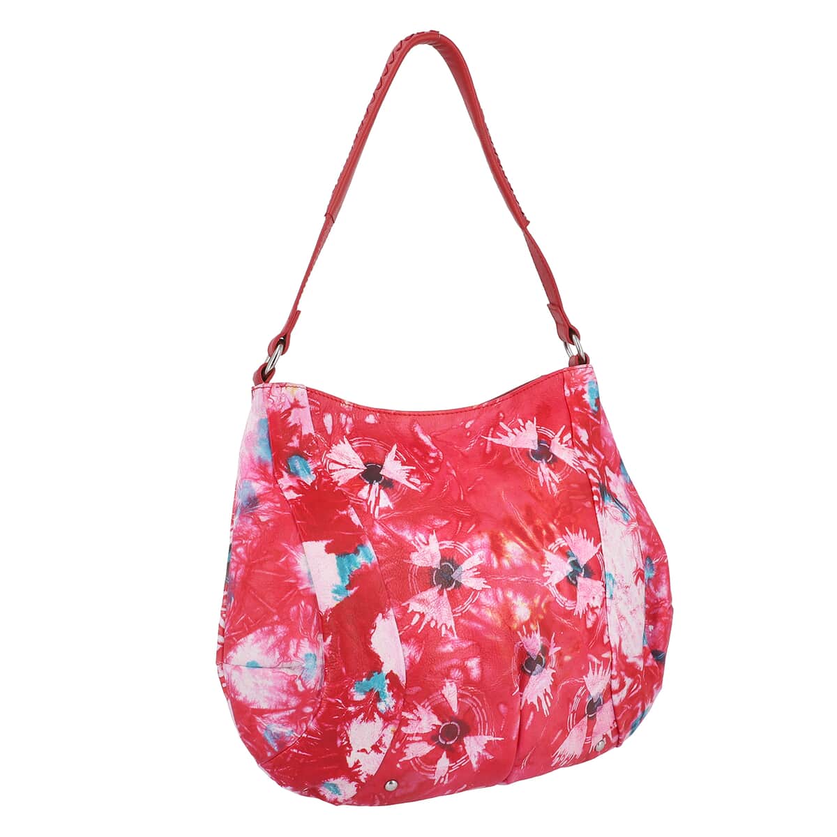 SUKRITI Red Tie Dye Hand Painted Genuine Leather Hobo Bag with Strap image number 2