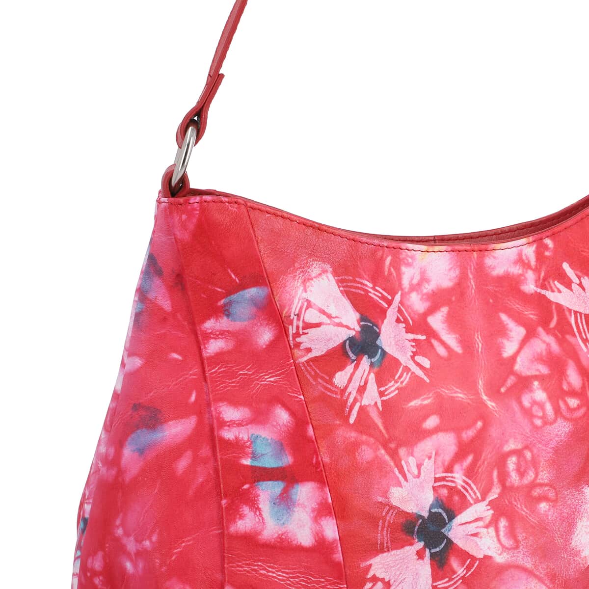SUKRITI Red Tie Dye Hand Painted Genuine Leather Hobo Bag with Strap image number 6