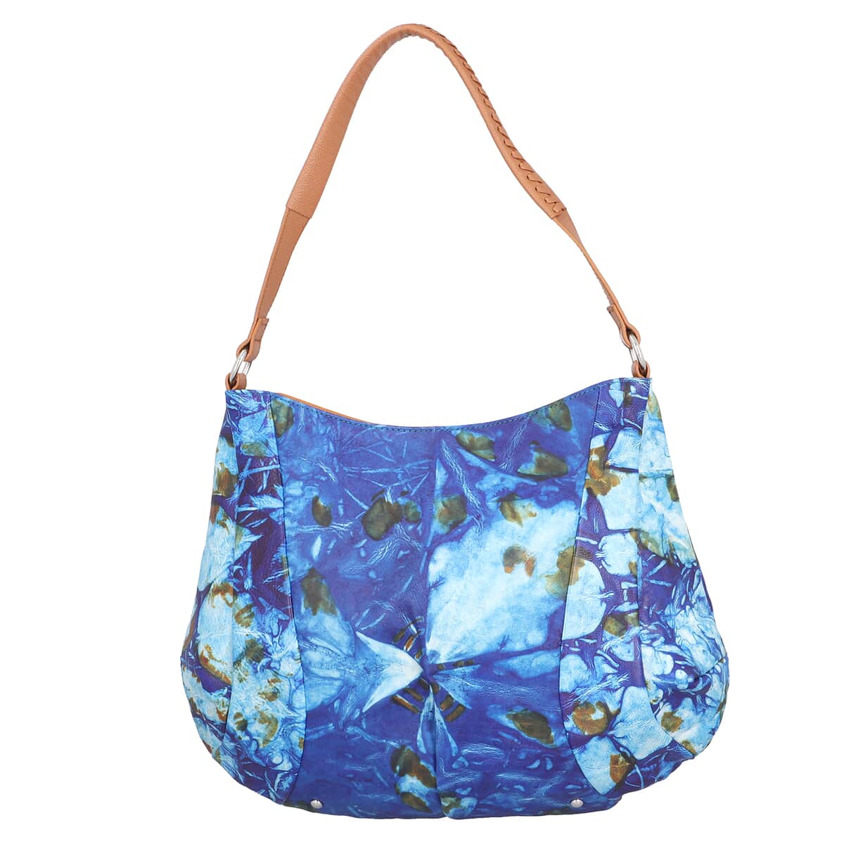 SUKRITI Dark Blue Tie Dye Hand Painted Genuine Leather Hobo Bag with Strap image number 0