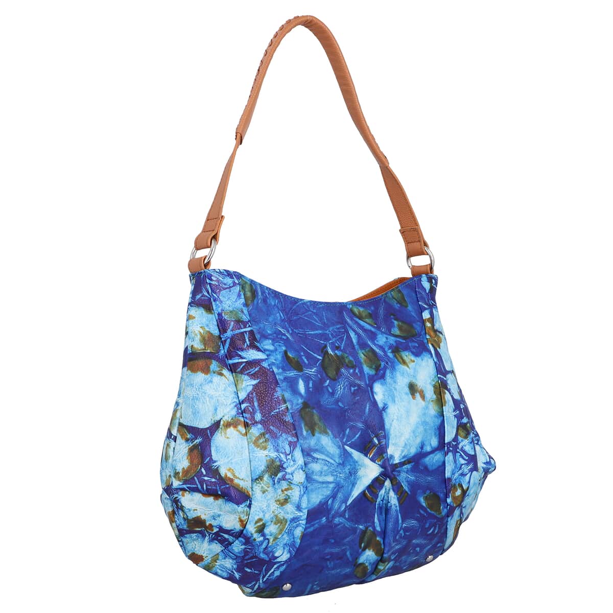 SUKRITI Dark Blue Tie Dye Hand Painted Genuine Leather Hobo Bag with Strap image number 2
