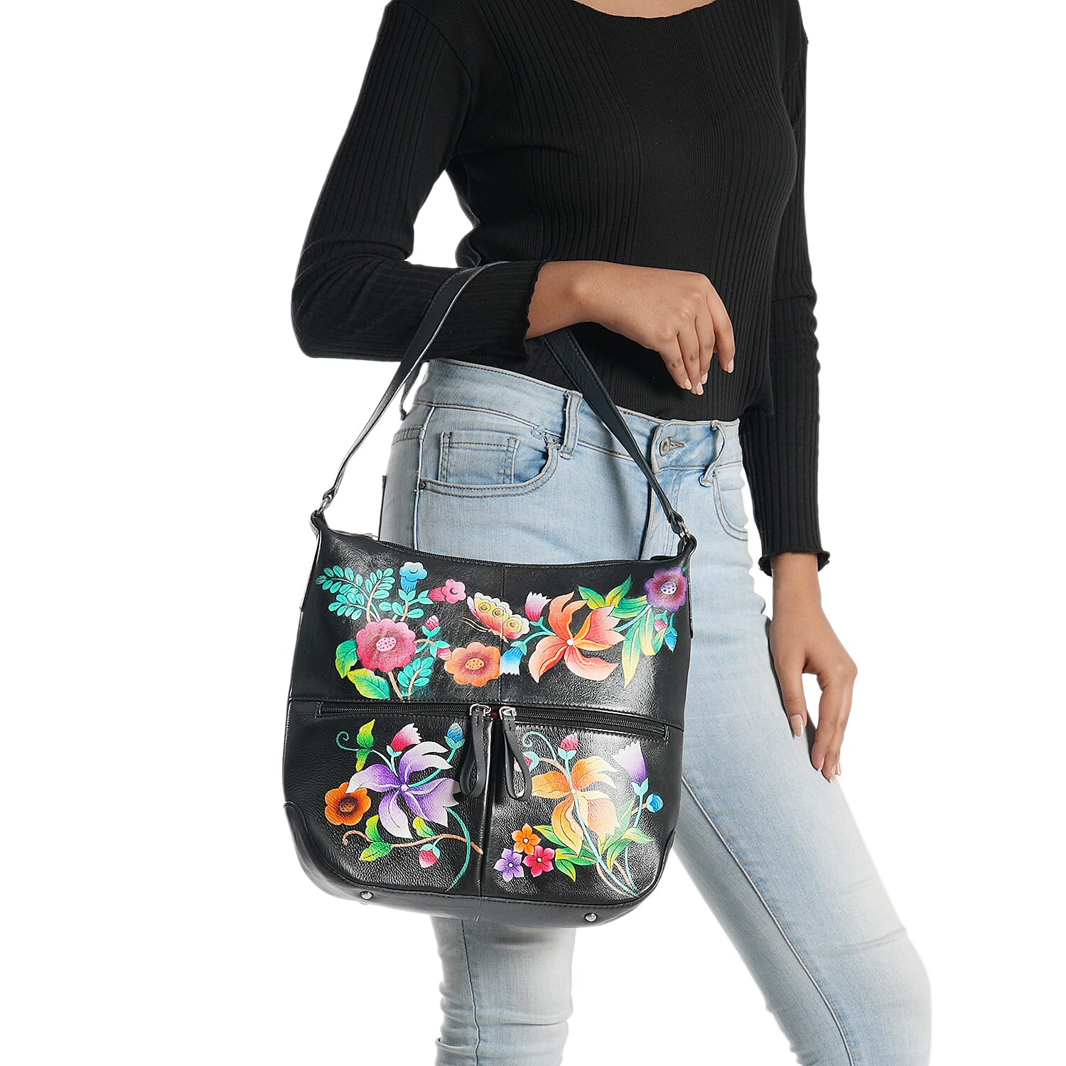 SUKRITI Black Abstract Hand Painted Genuine Leather Hobo Shoulder Bag